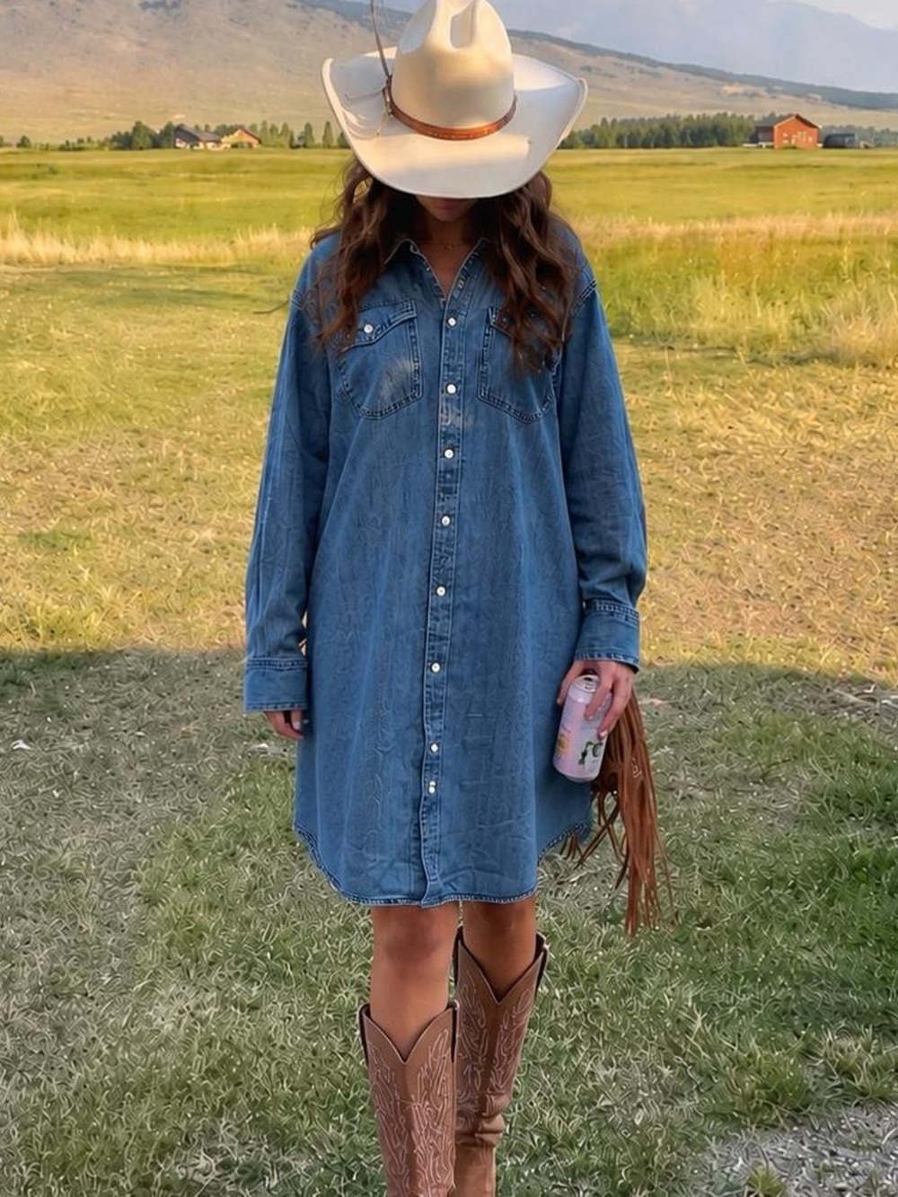 Denim Button-Up Shirt Dress in Medium Blue